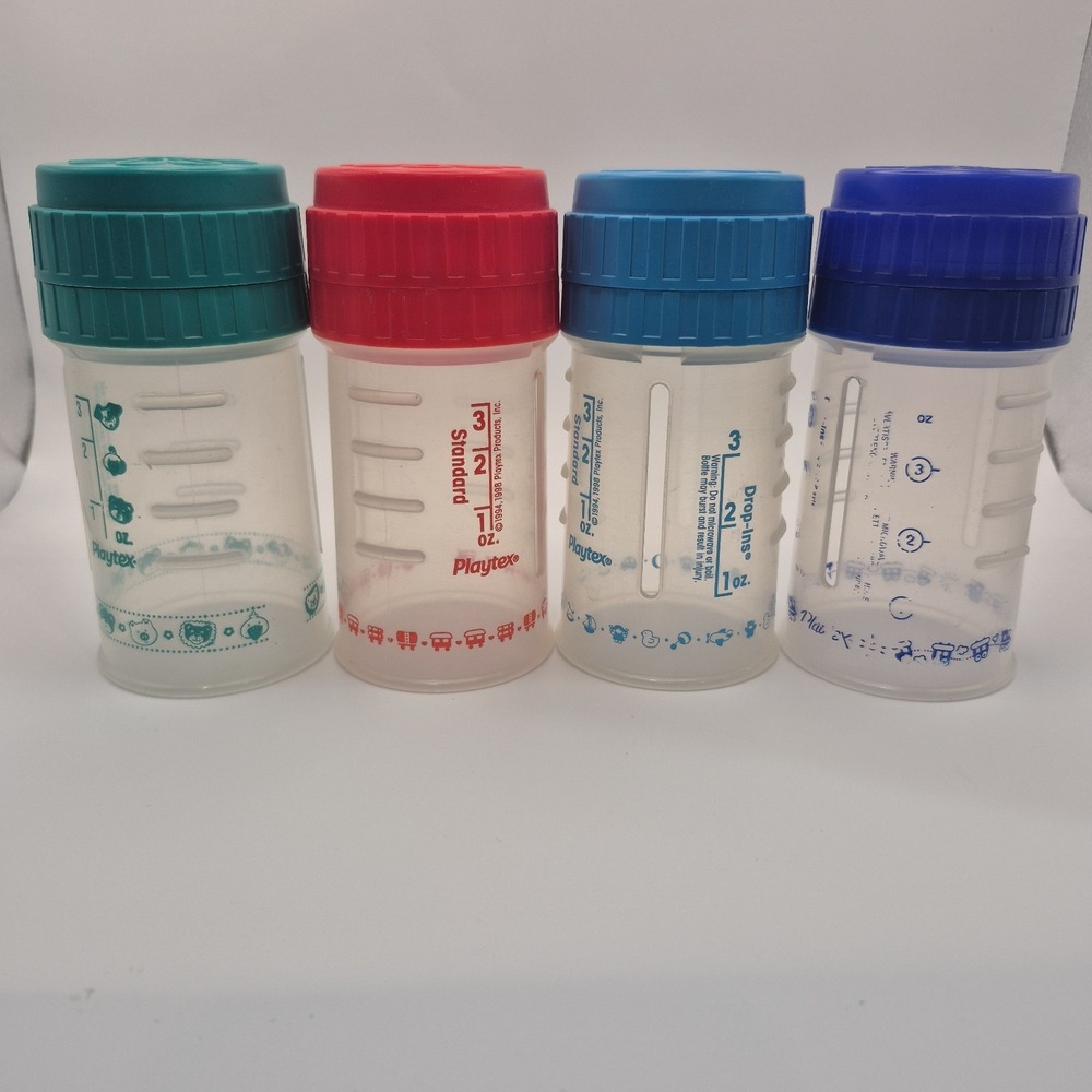 Vintage Playtex Set of 4 Drop-Ins  Baby Bottles Teal, Red, Light Blue & Blue